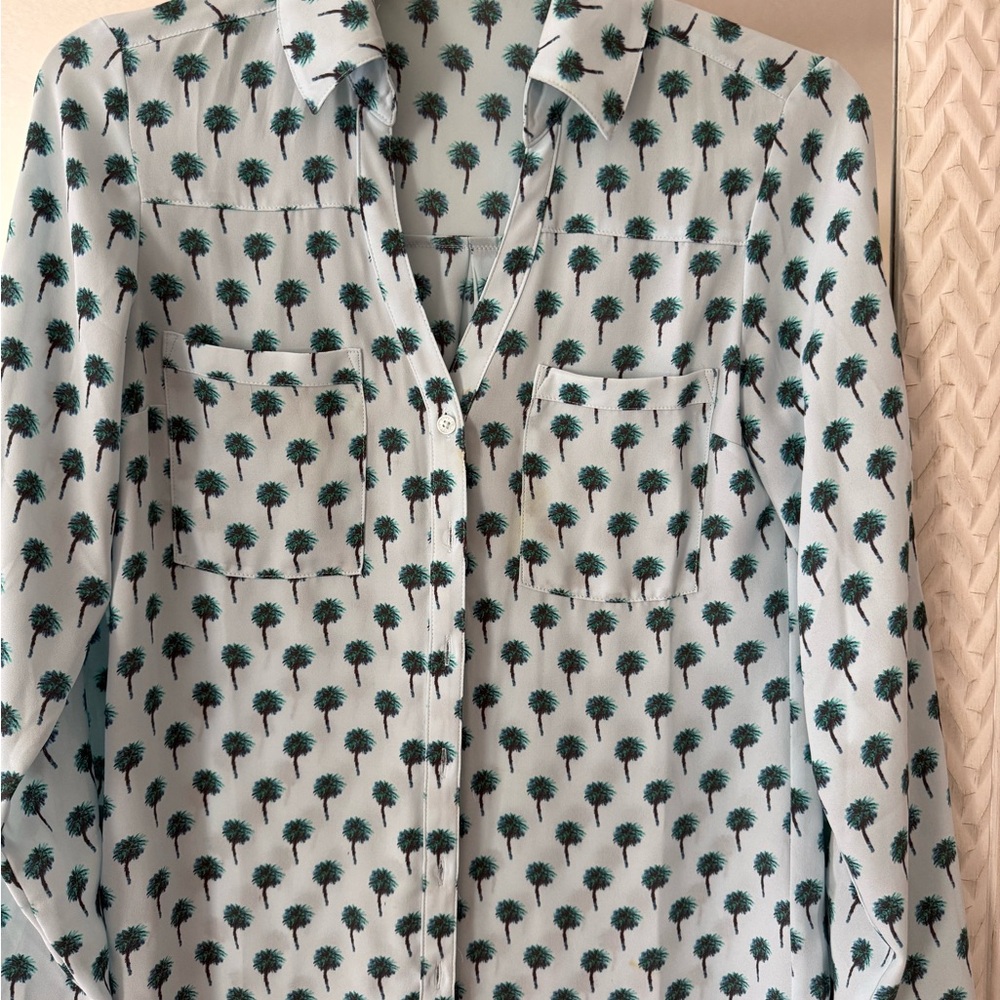 Express White Button-Down Shirt with Green Palm Tree Print